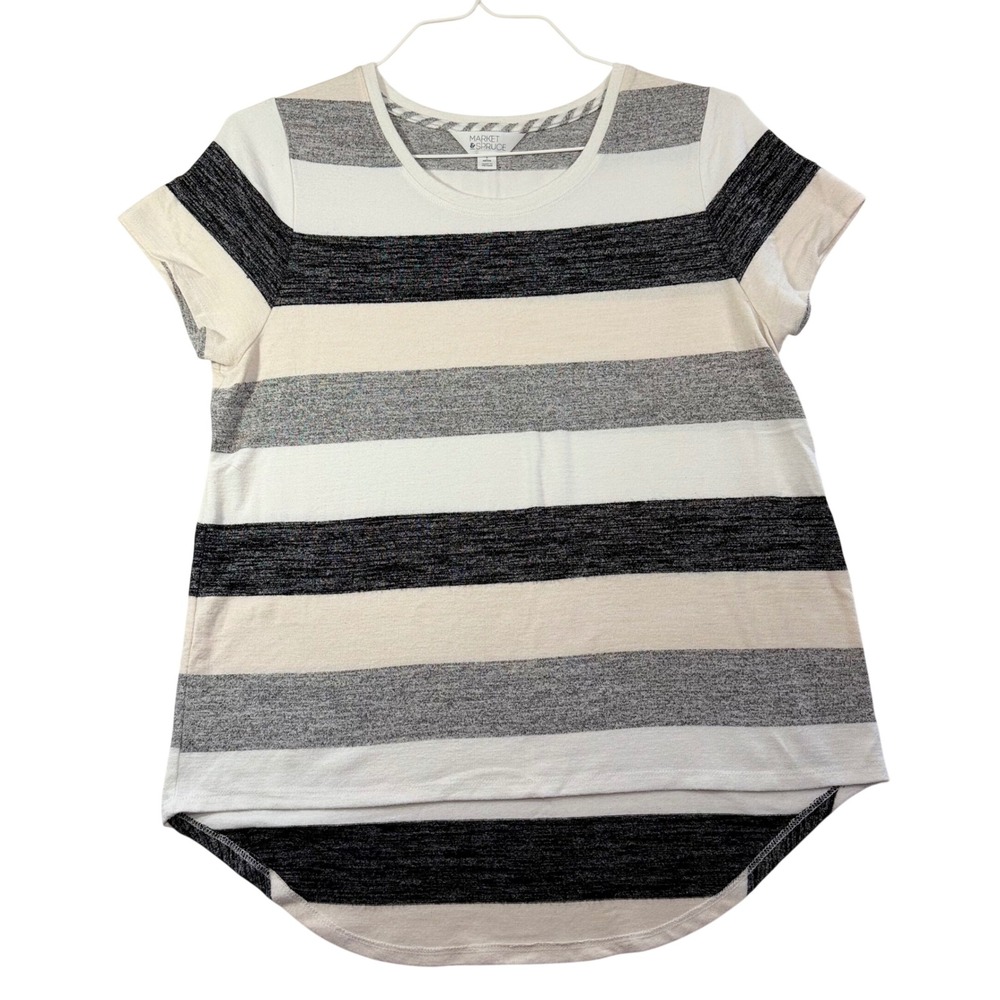 Market & Spruce Womens Large Petite Striped Short Sleeve High-Low Hem Tee Top